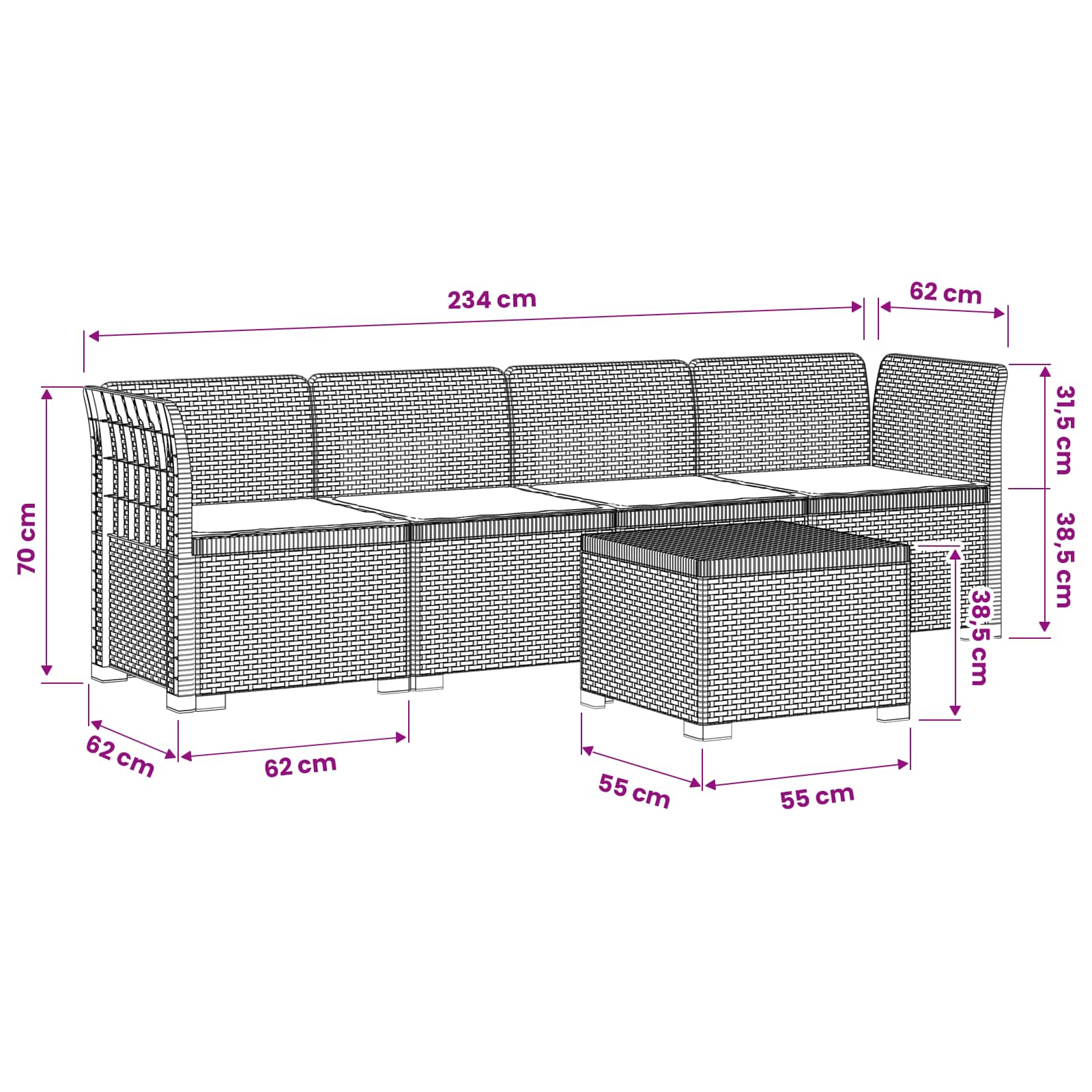vidaXL Kanapa ogrodowa 4-osobowa z poduszkami w stylu rattanowym PP