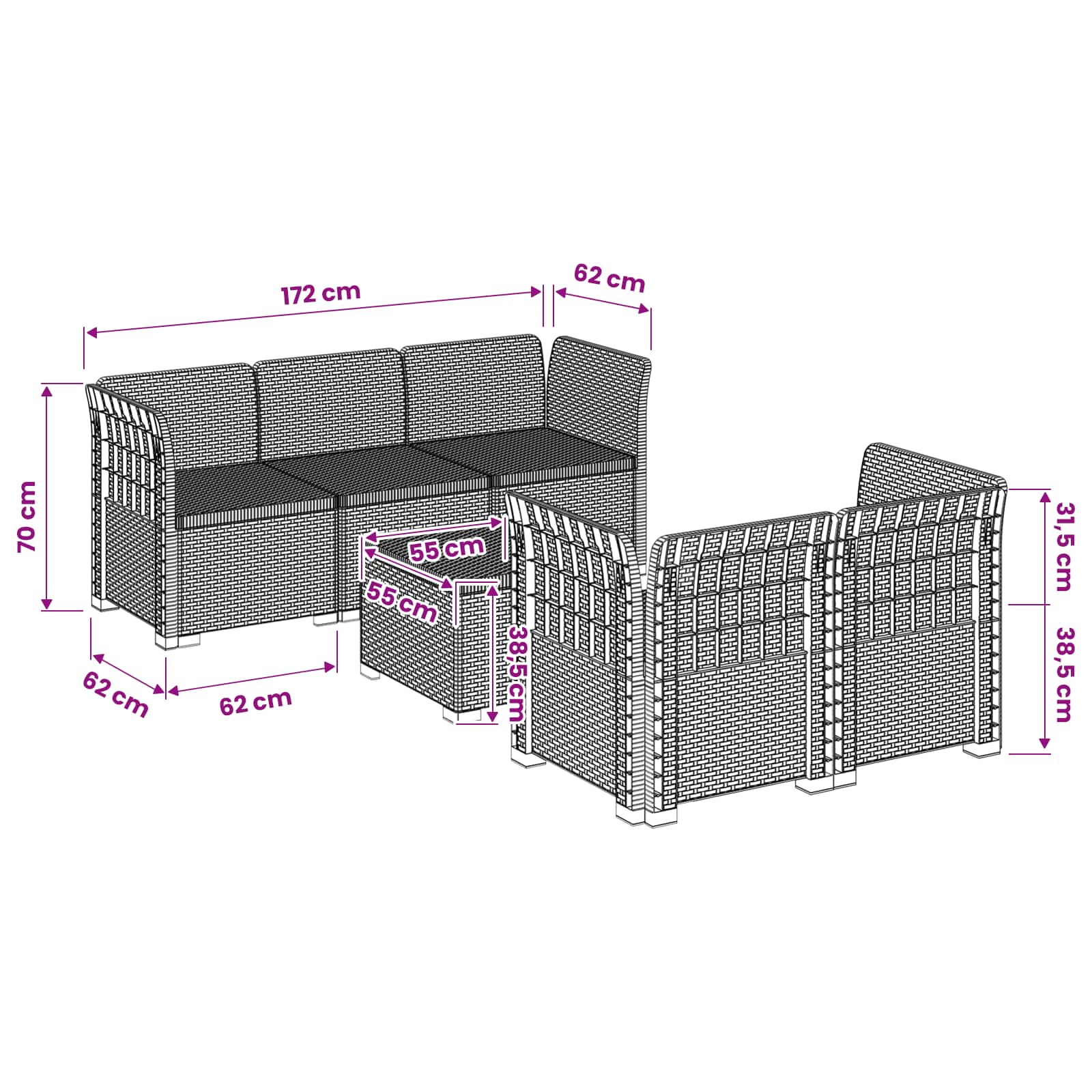 vidaXL 5-osobowa sofa ogrodowa w stylu rattanowym PP antracytowy