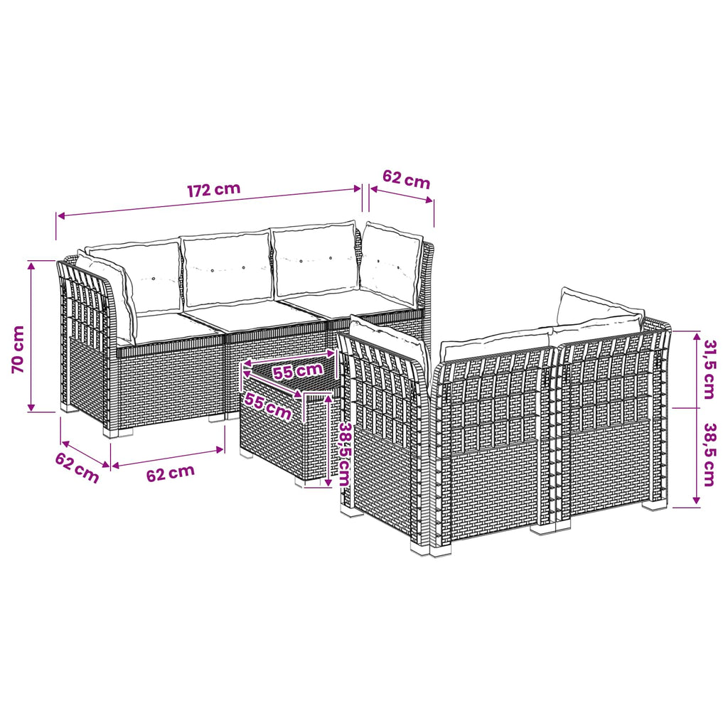 vidaXL 5-osobowa sofa ogrodowa z poduszkami w stylu rattanowym PP