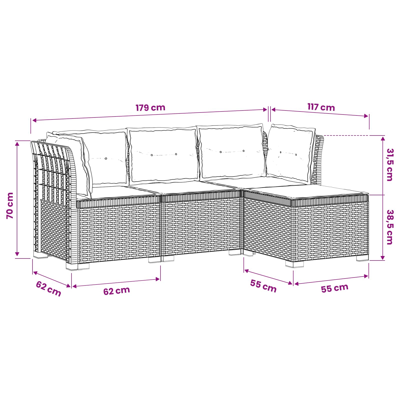 vidaXL Sofa ogrodowa dla 4 osób z poduszkami w stylu rattanowym PP