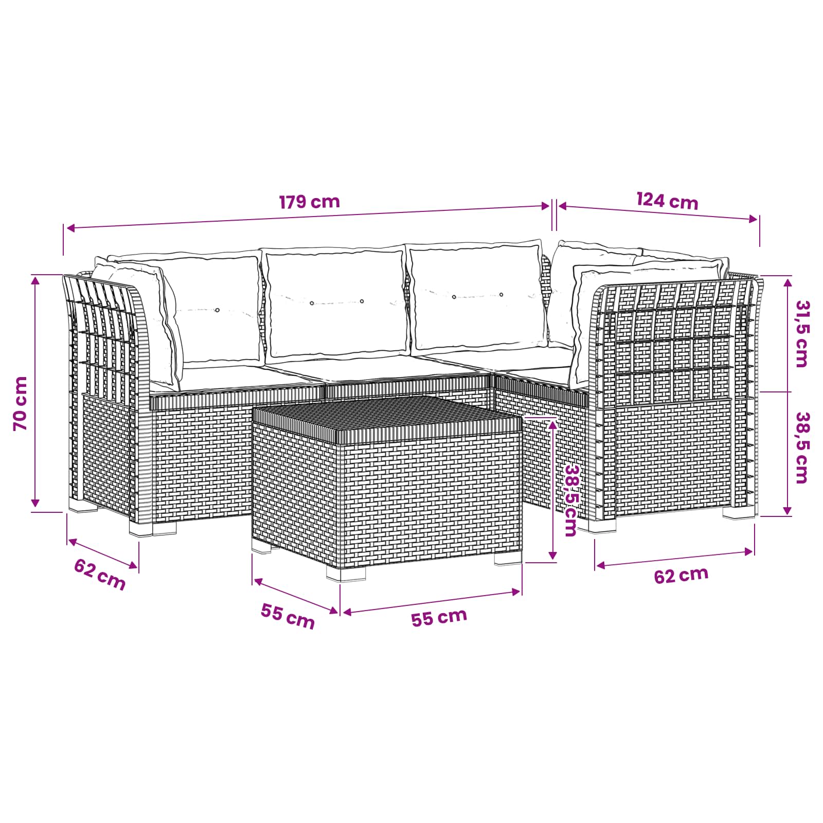 vidaXL Sofa ogrodowa dla 4 osób z poduszkami w stylu rattanowym PP