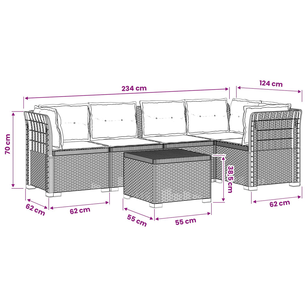 vidaXL 5-osobowa sofa ogrodowa z poduszkami w stylu rattanowym PP