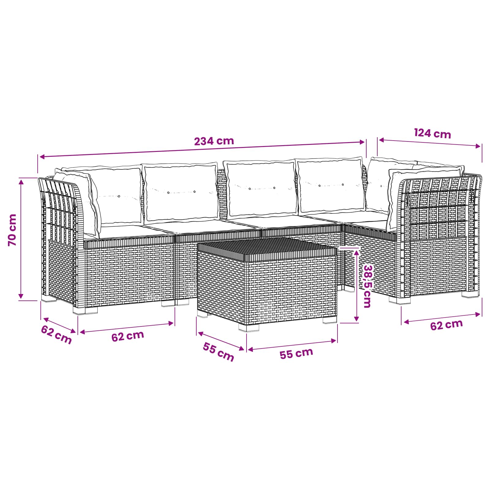 vidaXL 5-osobowa sofa ogrodowa z poduszkami w stylu rattanowym PP