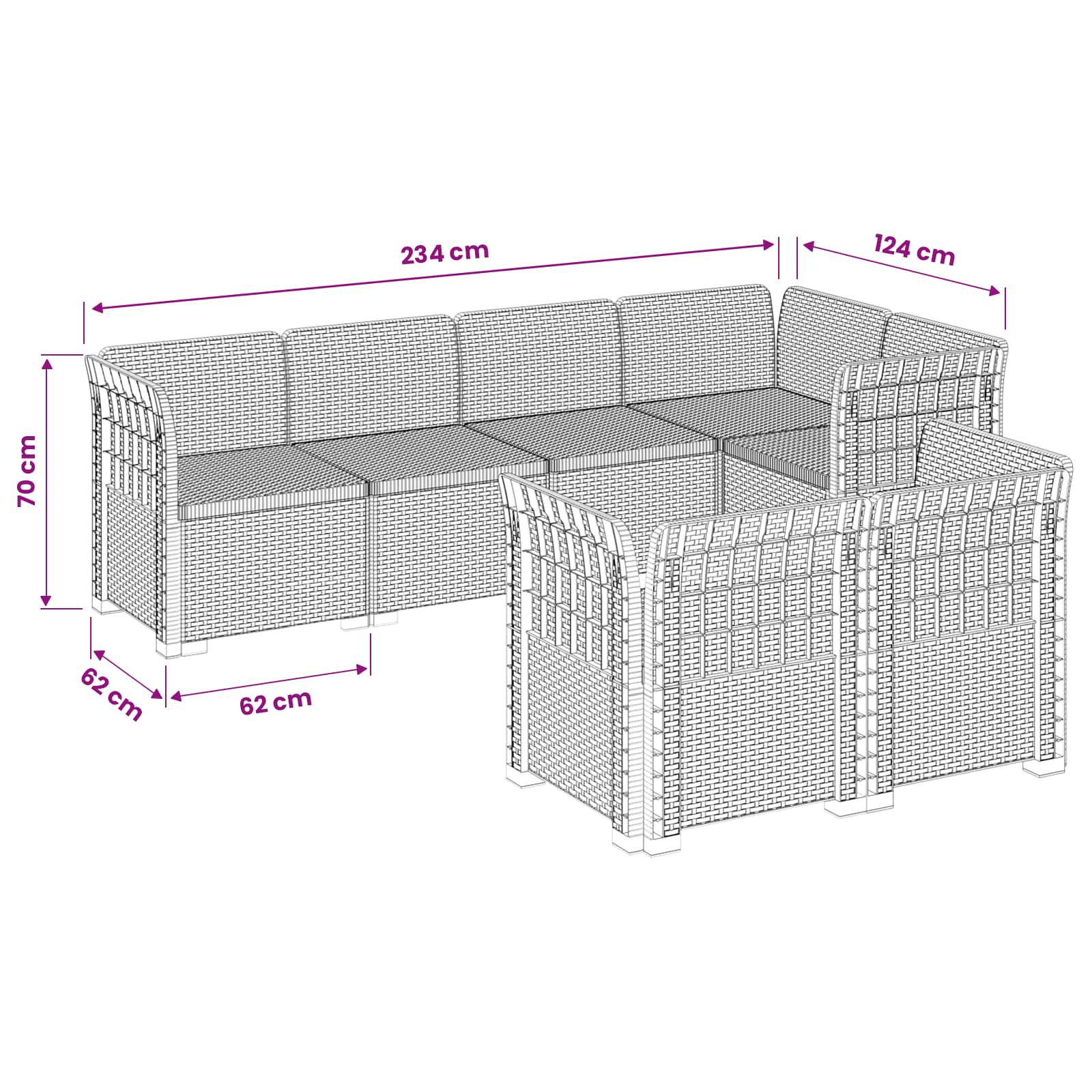 vidaXL Sofa ogrodowa 7-osobowa w wyglądzie rattanowym PP jasnoszary