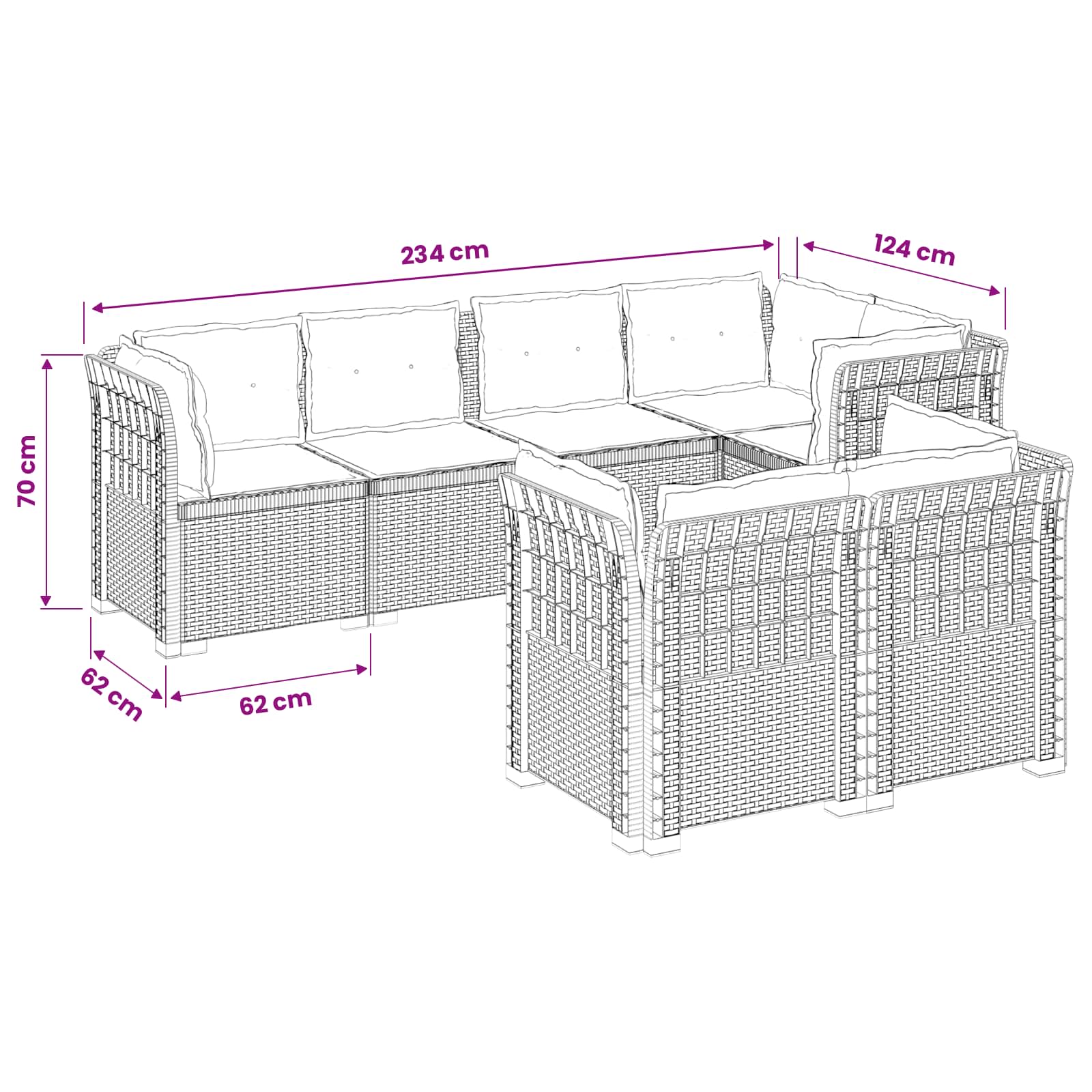 vidaXL Sofa ogrodowa 7-osobowa z poduszkami w wyglądzie rattanowym PP