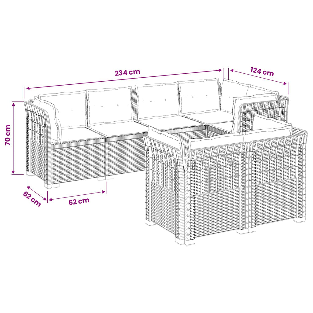 vidaXL Sofa ogrodowa 7-osobowa z poduszkami w wyglądzie rattanowym PP