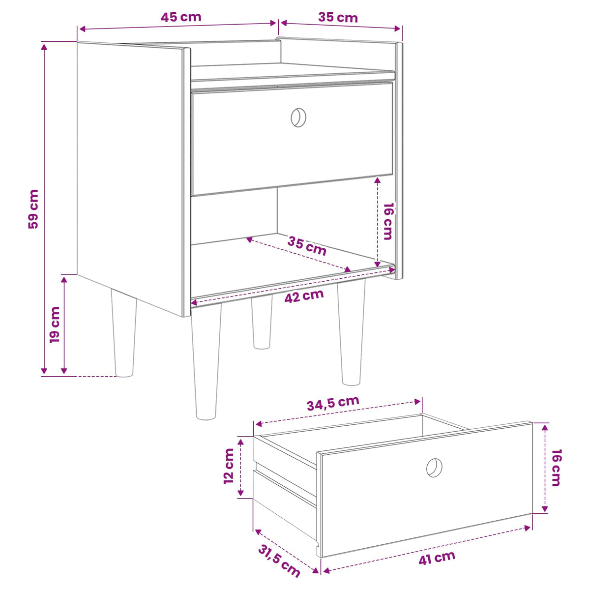 vidaXL Stolik nocny BILBAO Ciemny karmel 45 x 35 x 59 cm