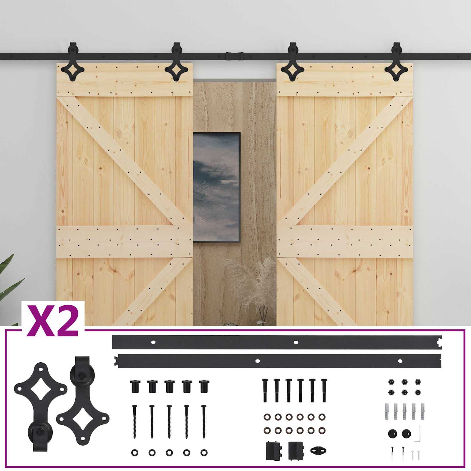 vidaXL Drzwi przesuwne 2 pcs Naturalny i czarny Lite drewno sosnowe