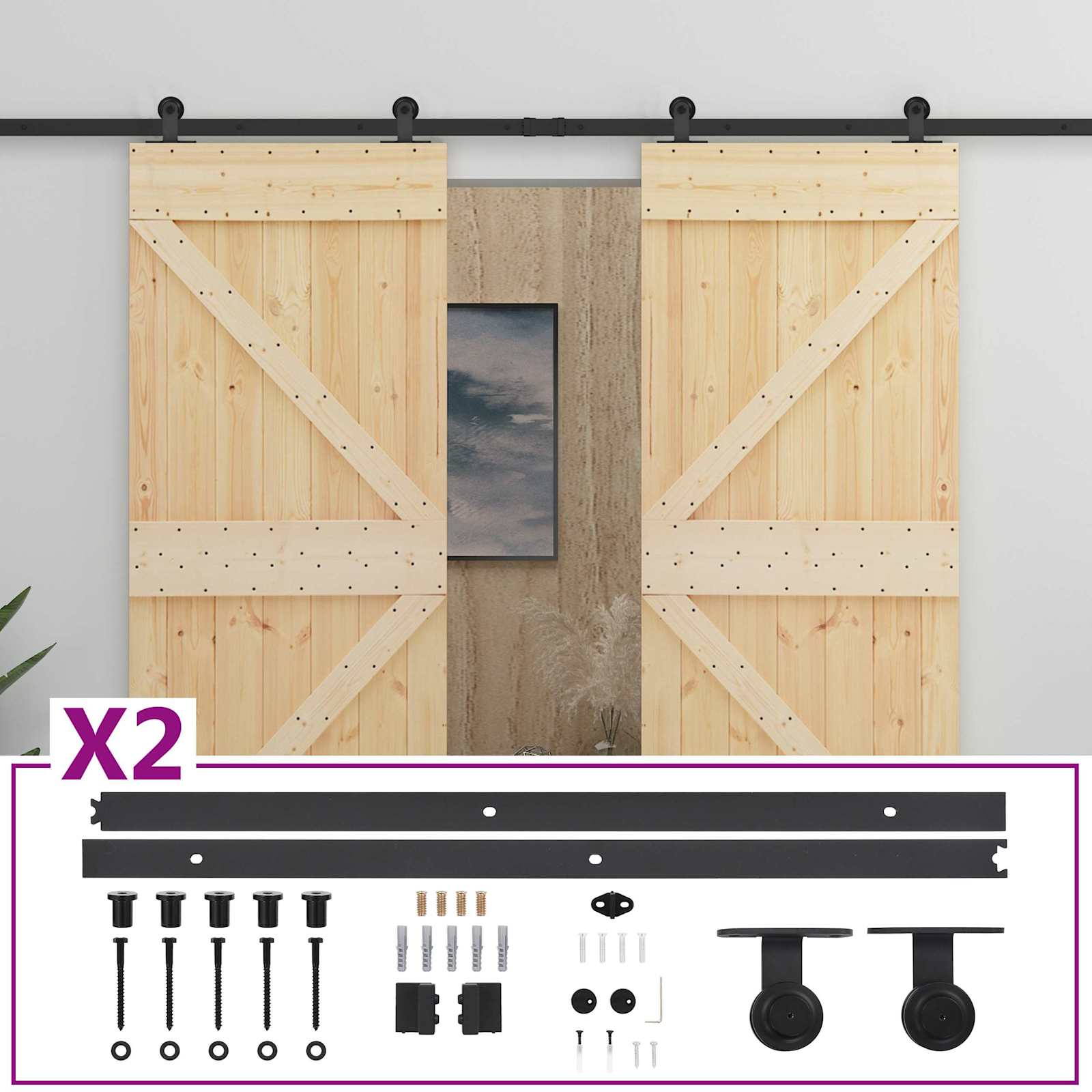 vidaXL Drzwi przesuwne 2 pcs Naturalny i czarny Lite drewno sosnowe