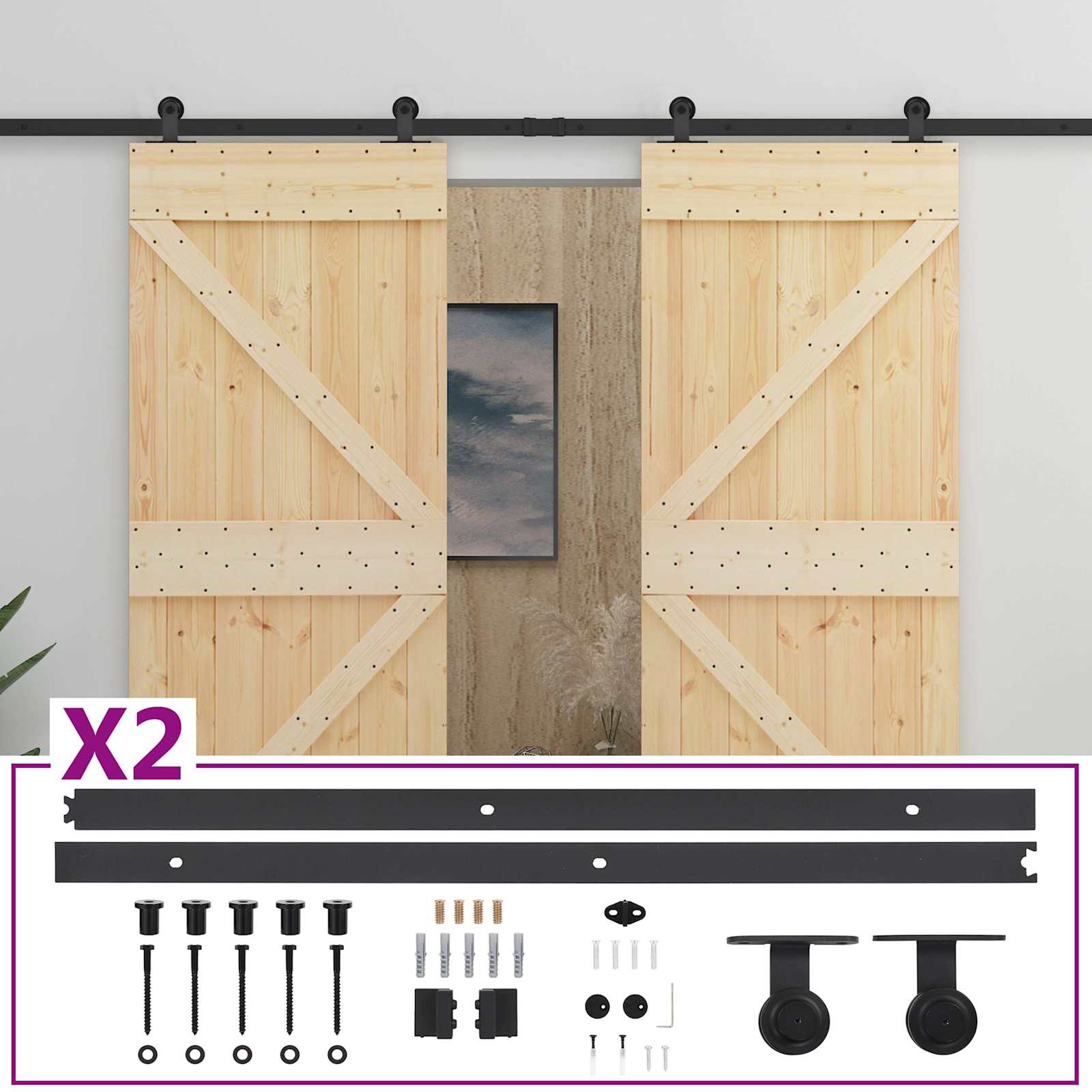 vidaXL Drzwi przesuwne 2 pcs Naturalny i czarny Lite drewno sosnowe