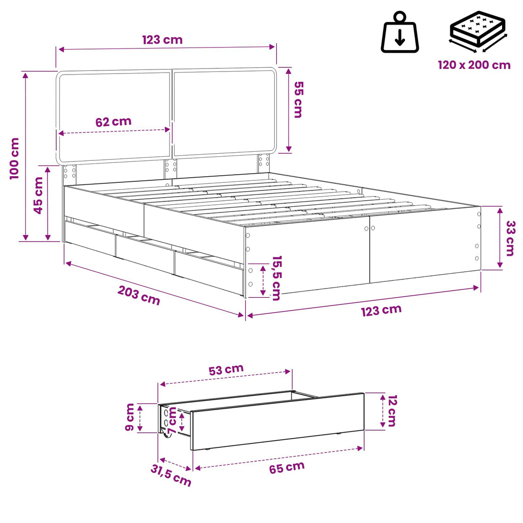 vidaXL Bed Frame with Storage and Headboard Artisan Oak 120 x 200 cm