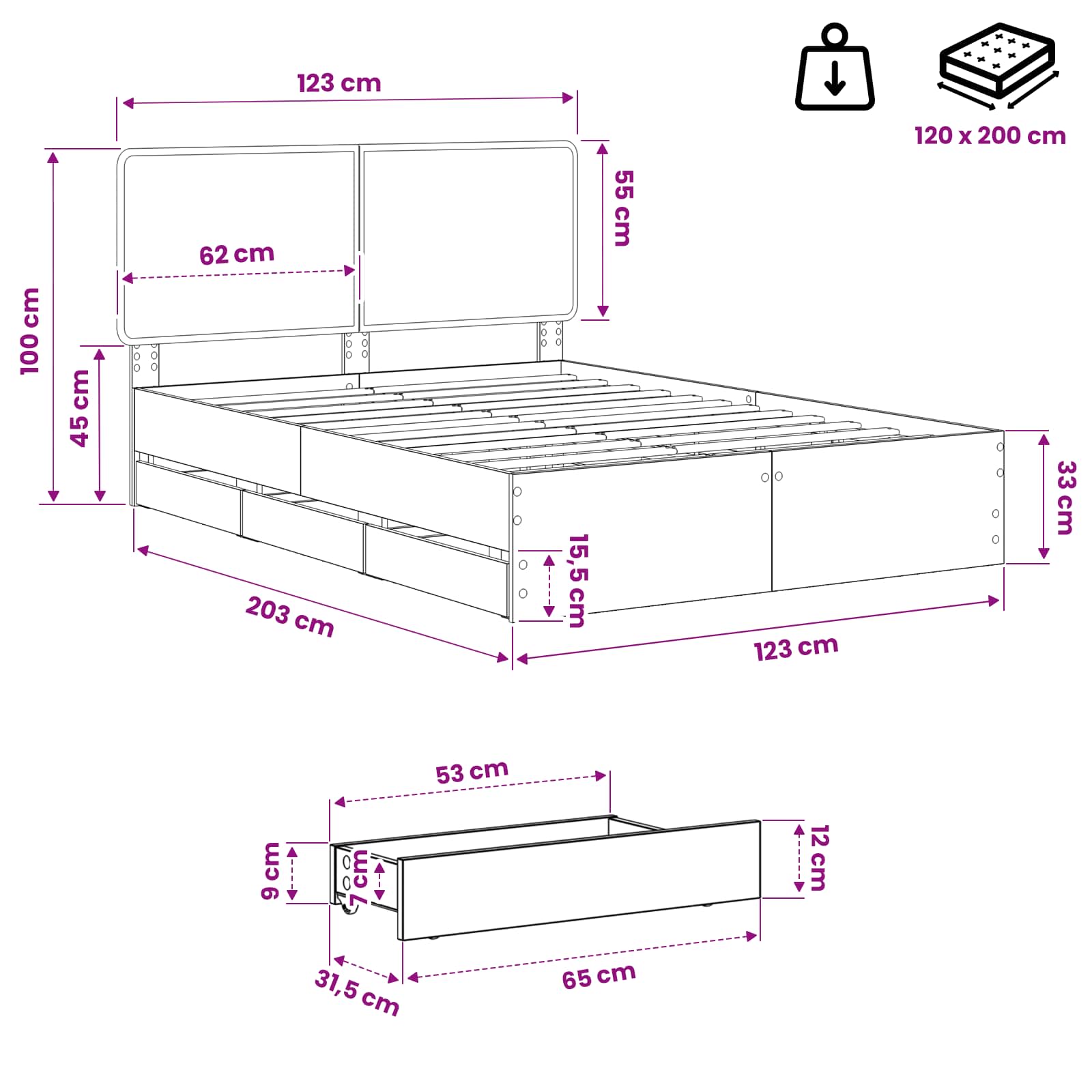 vidaXL Bed Frame with Storage and Headboard Artisan Oak 120 x 200 cm