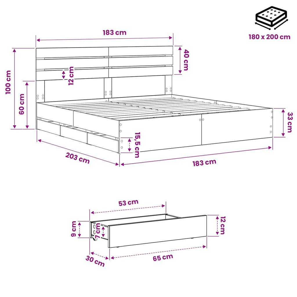 vidaXL Bed Frame with Storage and Headboard Artisan Oak 180 x 200 cm