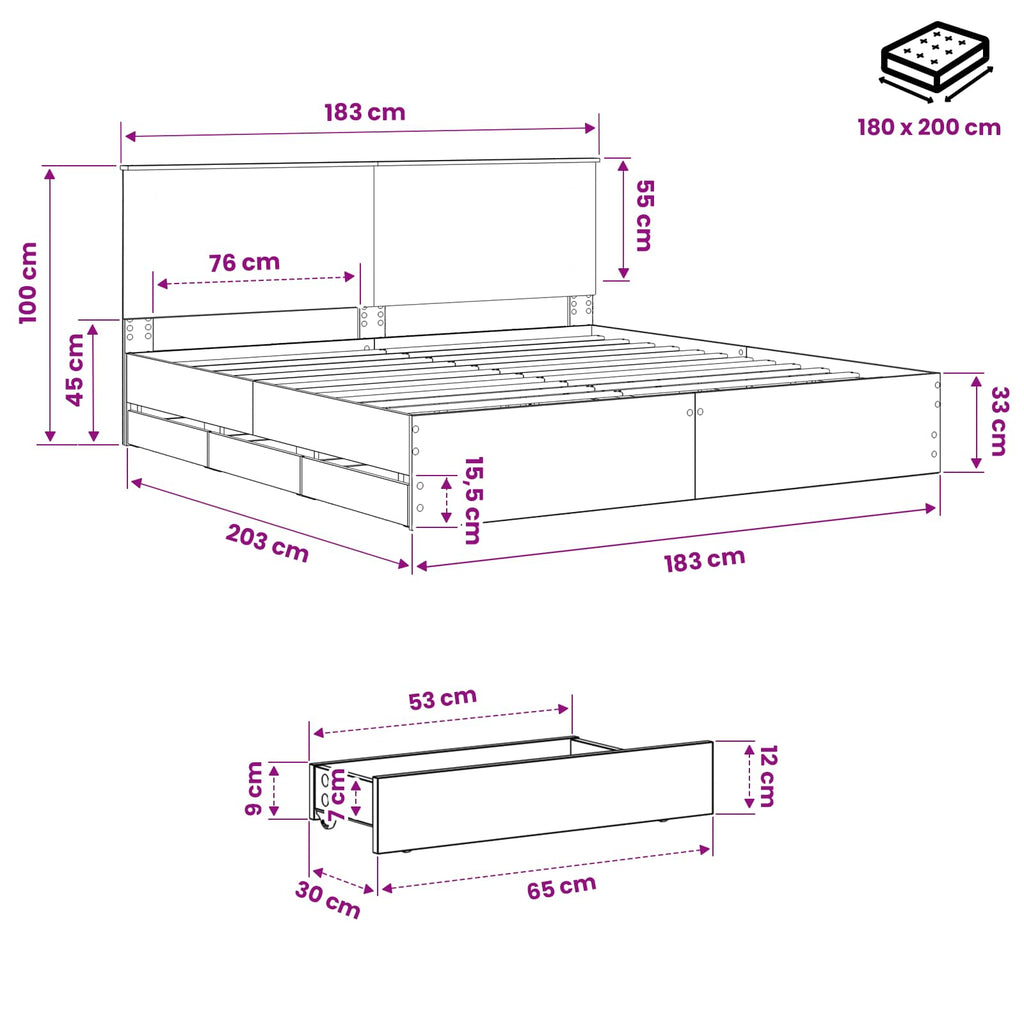 vidaXL Bed Frame with Storage and Headboard Artisan Oak 180 x 200 cm