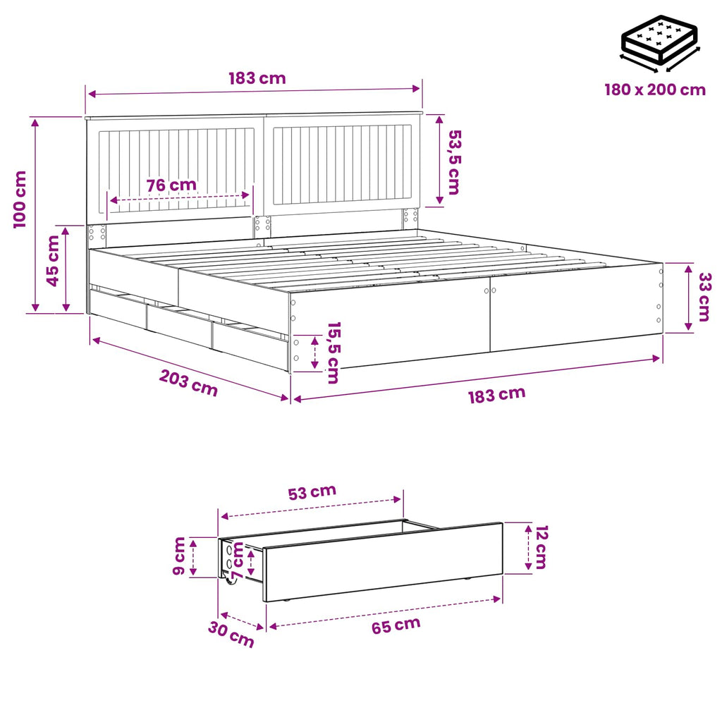 vidaXL Bed Frame with Storage and Headboard Artisan Oak 180 x 200 cm