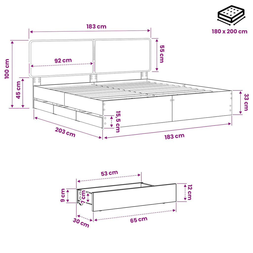 vidaXL Bed Frame with Storage and Headboard Artisan Oak 180 x 200 cm