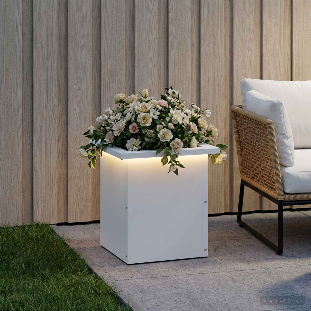 vidaXL Donica ogrodowa z oświetleniem LED Biały 30 x 30 x 30 cm Stal