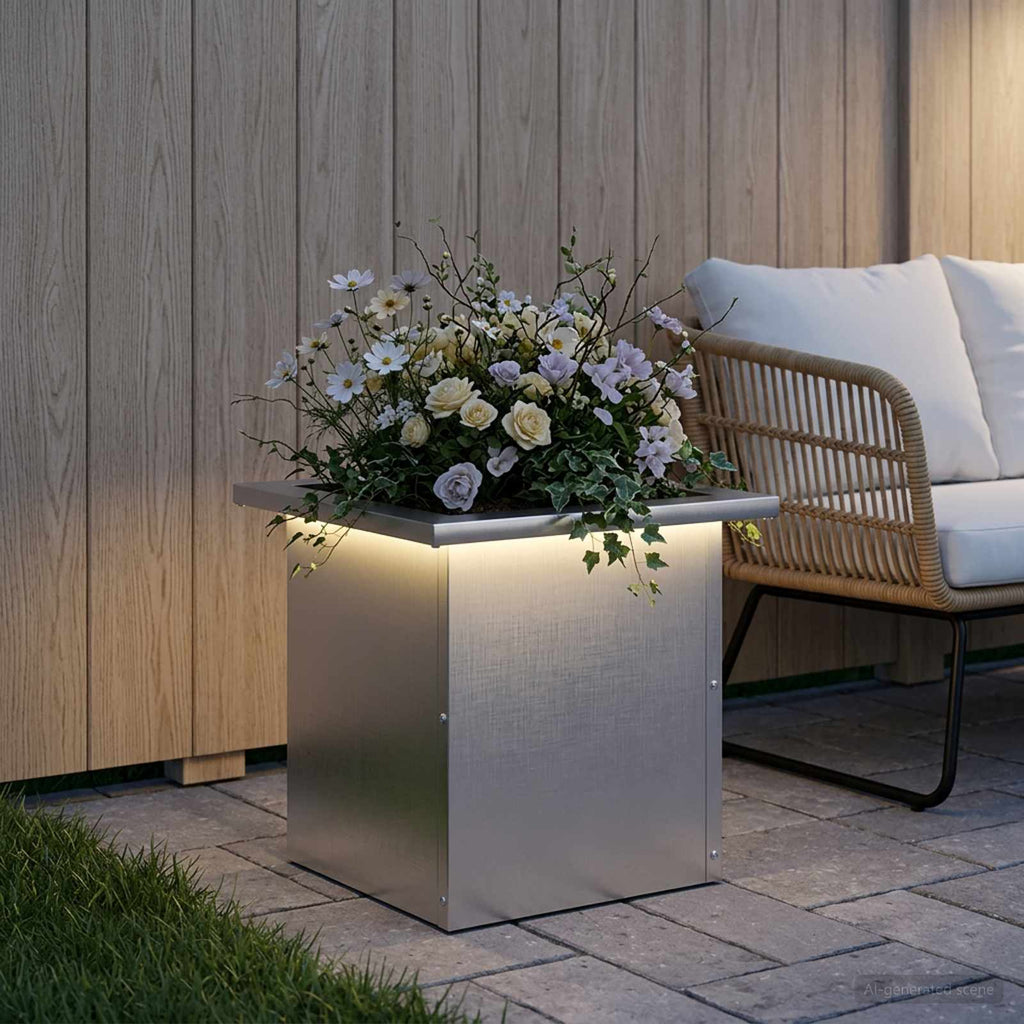 vidaXL Donica ogrodowa z oświetleniem LED srebrny 30 x 30 x 30 cm