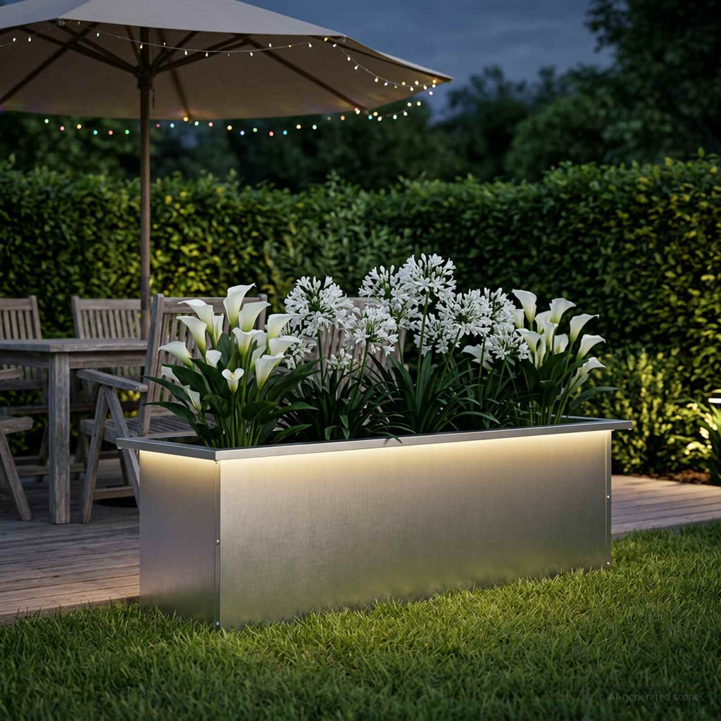 vidaXL Donica ogrodowa z oświetleniem LED srebrny 30 x 100 x 30 cm