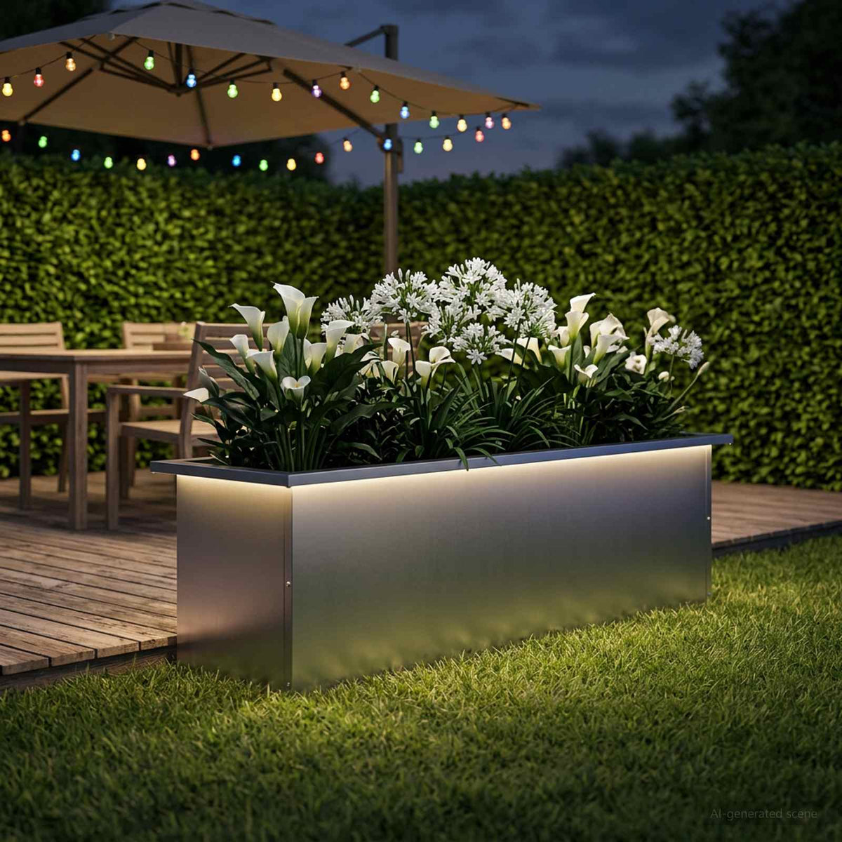 vidaXL Donica ogrodowa z oświetleniem LED srebrny 30 x 100 x 30 cm