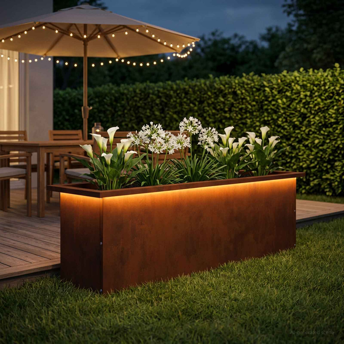 vidaXL Donica ogrodowa z oświetleniem LED Rdzawy 30 x 100 x 30 cm