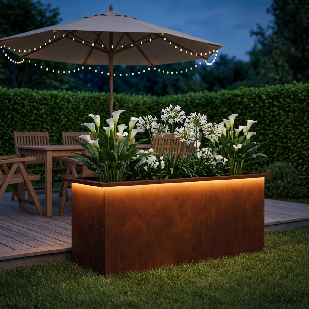 vidaXL Donica ogrodowa z oświetleniem LED Rdzawy 40 x 100 x 40 cm