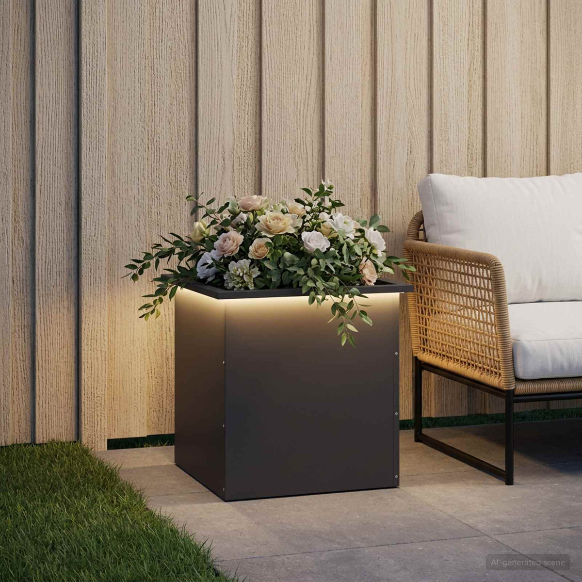 vidaXL Donica ogrodowa z oświetleniem LED Czarny 50 x 50 x 48 cm Stal