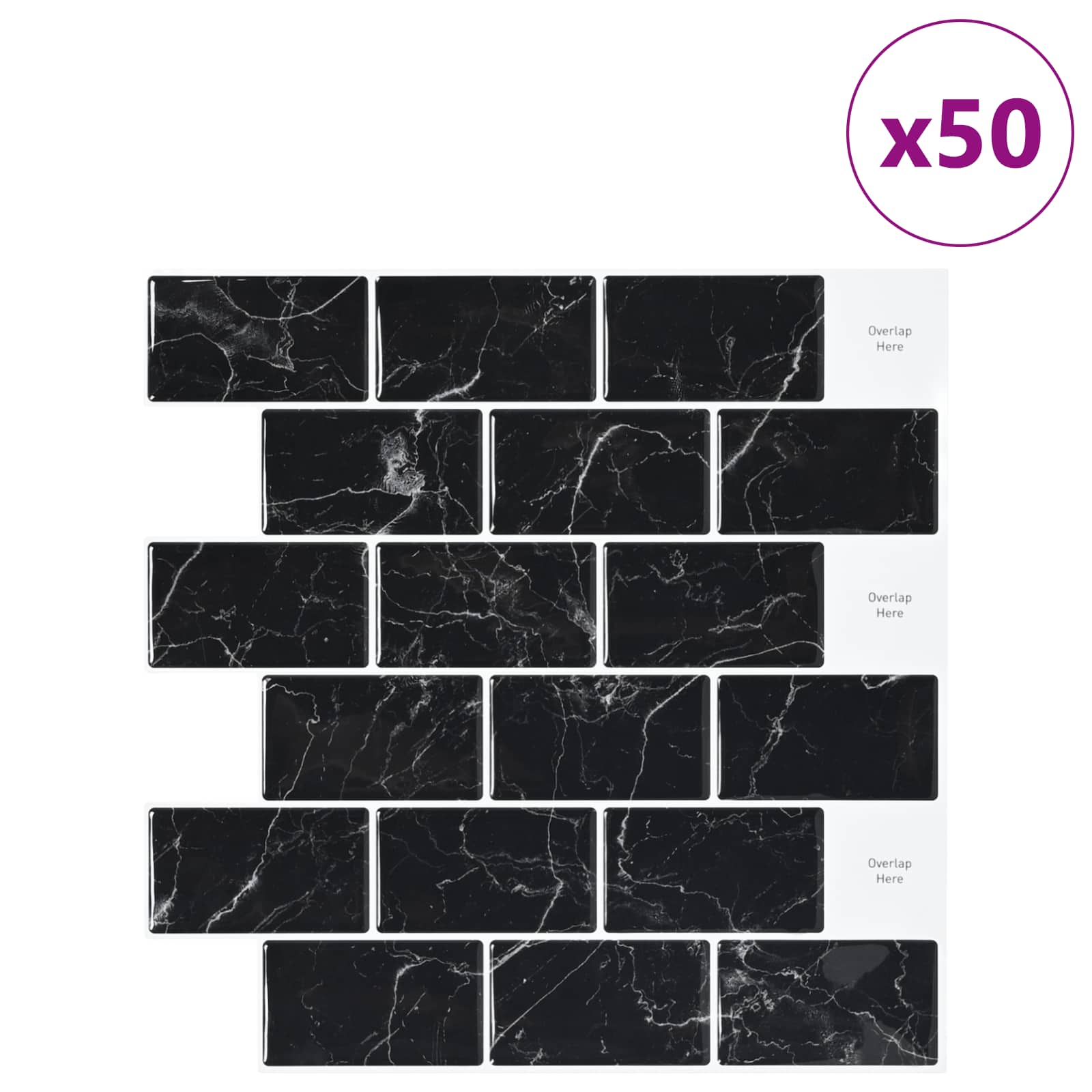 vidaXL Kafelka subway 50 pcs Czarny marmur 30 x 30 cm Poliuretan i PET