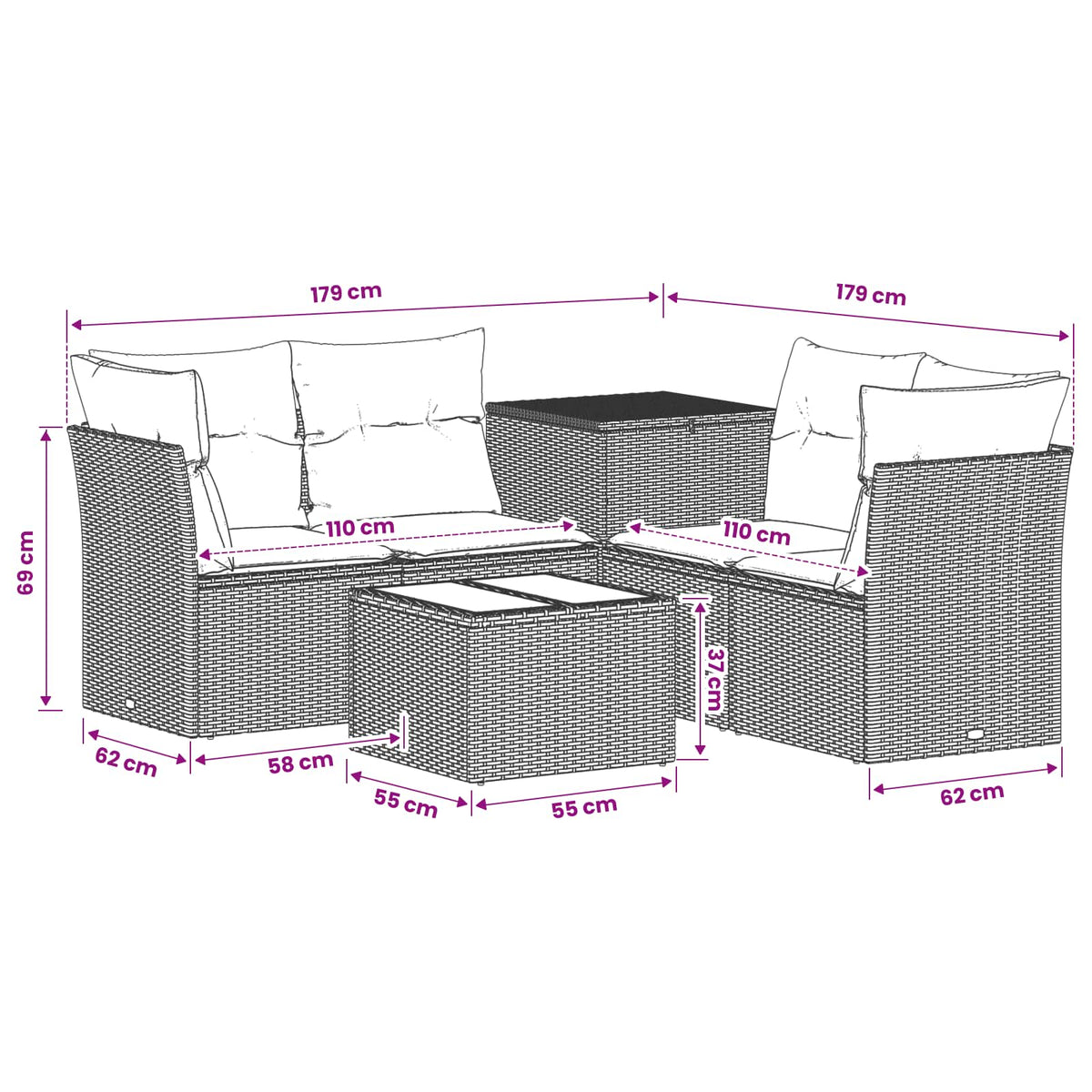 vidaXL Zestaw Sof 6 szt. Czarny i niebieski 55 x 55 x 37 cm