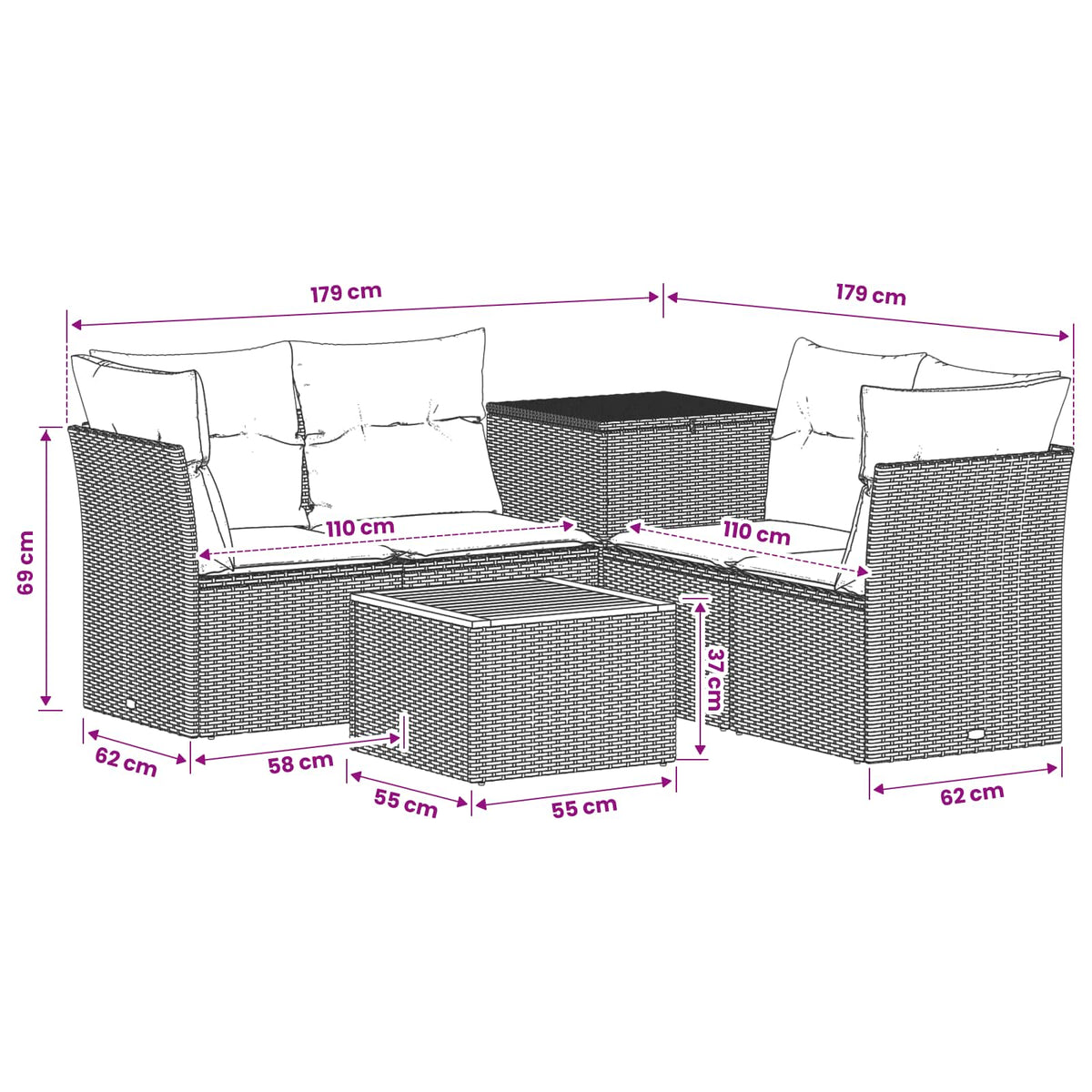 vidaXL Zestaw Sof 6 szt. Czarny i niebieski 55 x 55 x 37 cm