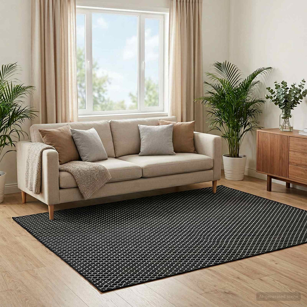 vidaXL Dywan ORIZ Czarny wzór siatkowy 240 x 240 cm 100% poliester