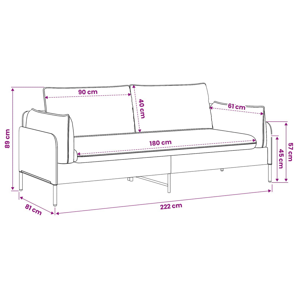 vidaXL Sofa 3-osobowa różowy 222 x 81 x 89 cm Welur