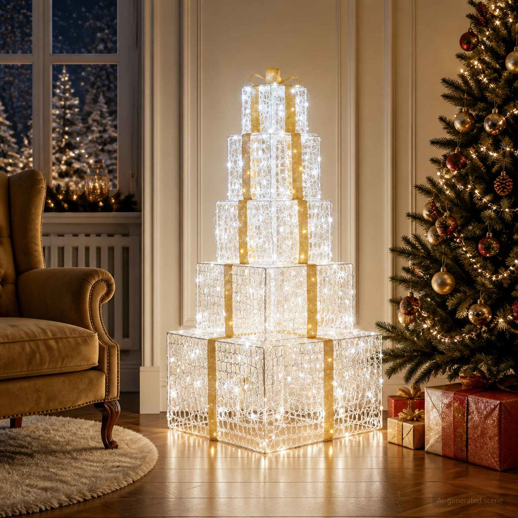 vidaXL Świąteczny stos pudełek prezentowych LED 250 LED Zimna biel
