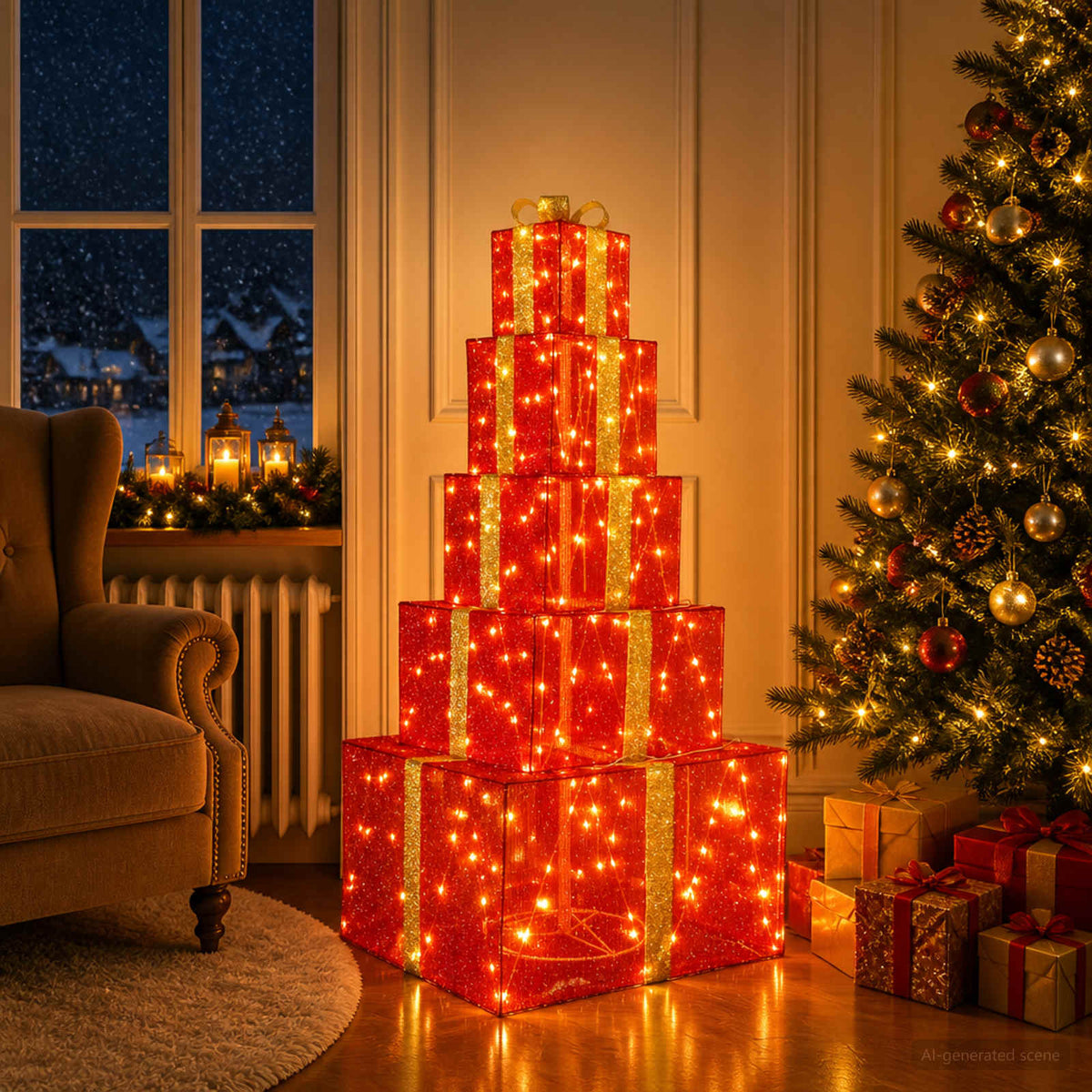 vidaXL Świąteczny stos pudełek prezentowych LED 250 LED Ciepła biel