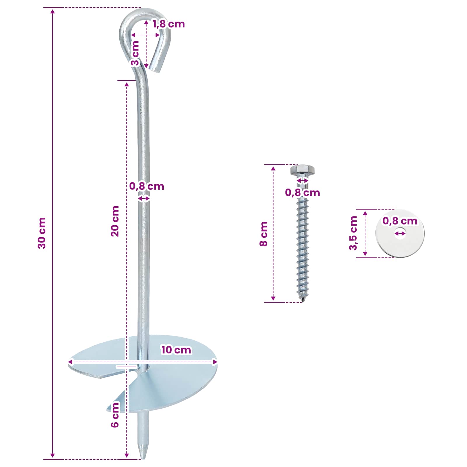 vidaXL Kotwa ziemna 2 pcs srebrny Ø10 x 30 cm Galwanizowany metal