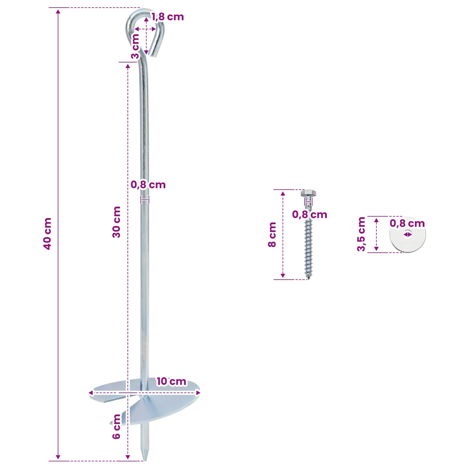 vidaXL Kotwa ziemna 6 pcs srebrny Ø10 x 40 cm Galwanizowany metal