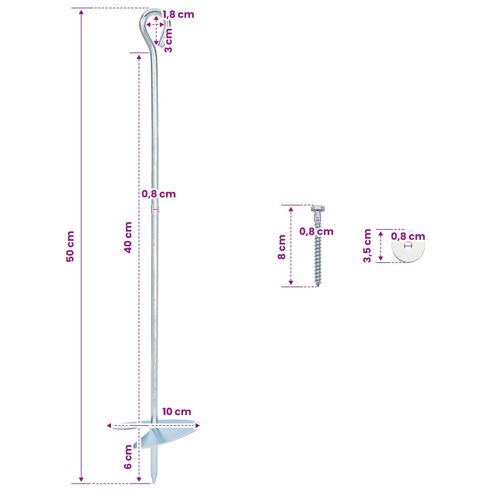 vidaXL Kotwa ziemna 4 pcs srebrny Ø10 x 50 cm Galwanizowany metal