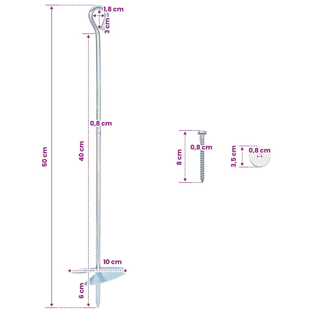 vidaXL Kotwa ziemna 10 pcs srebrny Ø10 x 50 cm Galwanizowany metal
