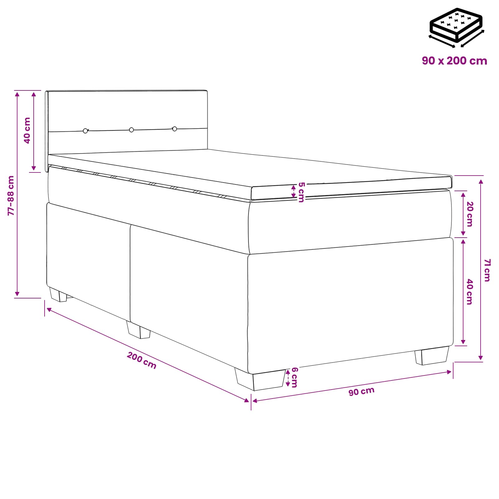 vidaXL Łóżko kontynentalne z materacem kremowy 90 x 200 cm tkanina