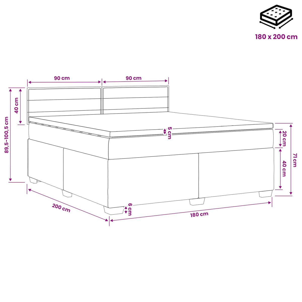 vidaXL Łóżko kontynentalne z materacem kremowy 180 x 200 cm tkanina