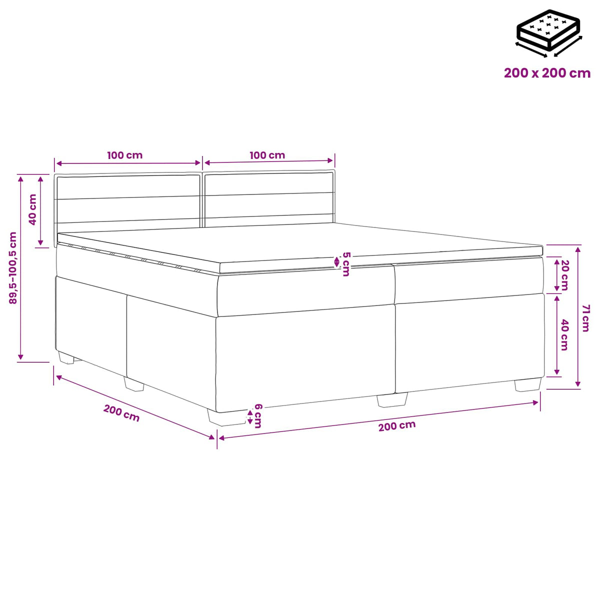 vidaXL Łóżko kontynentalne z materacem Ciemnoszary 200 x 200 cm