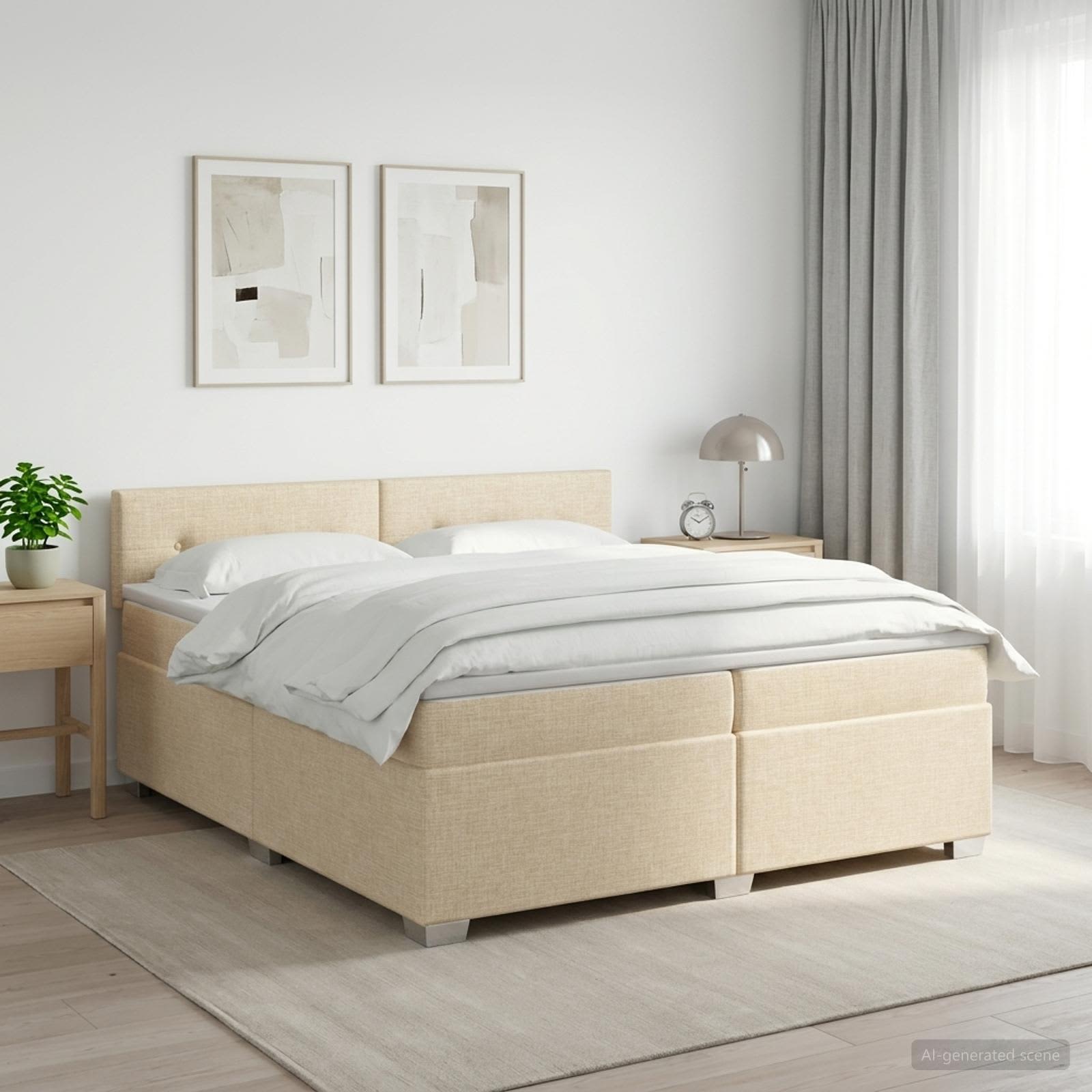 vidaXL Łóżko kontynentalne z materacem kremowy 200 x 200 cm tkanina