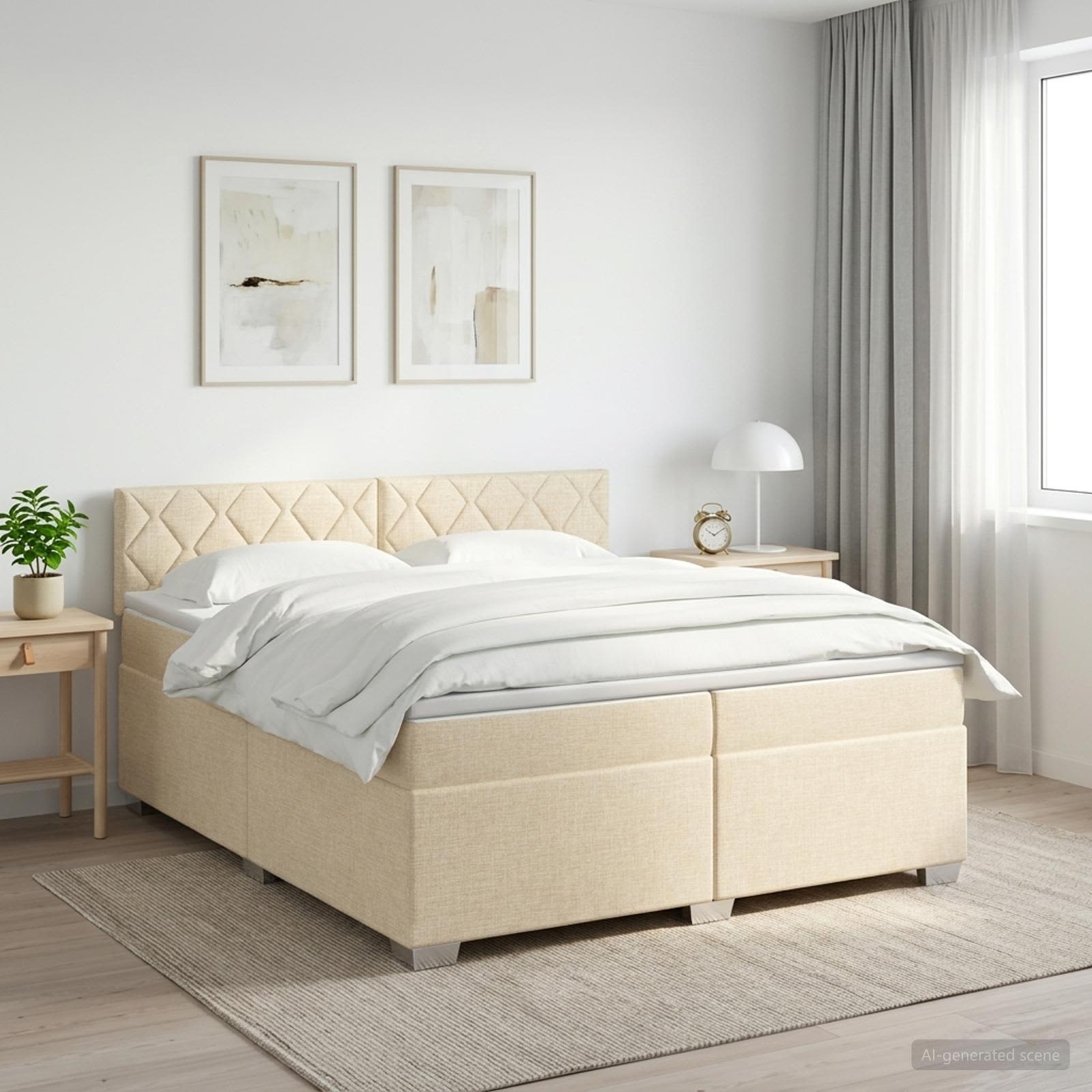 vidaXL Łóżko kontynentalne z materacem kremowy 200 x 200 cm tkanina