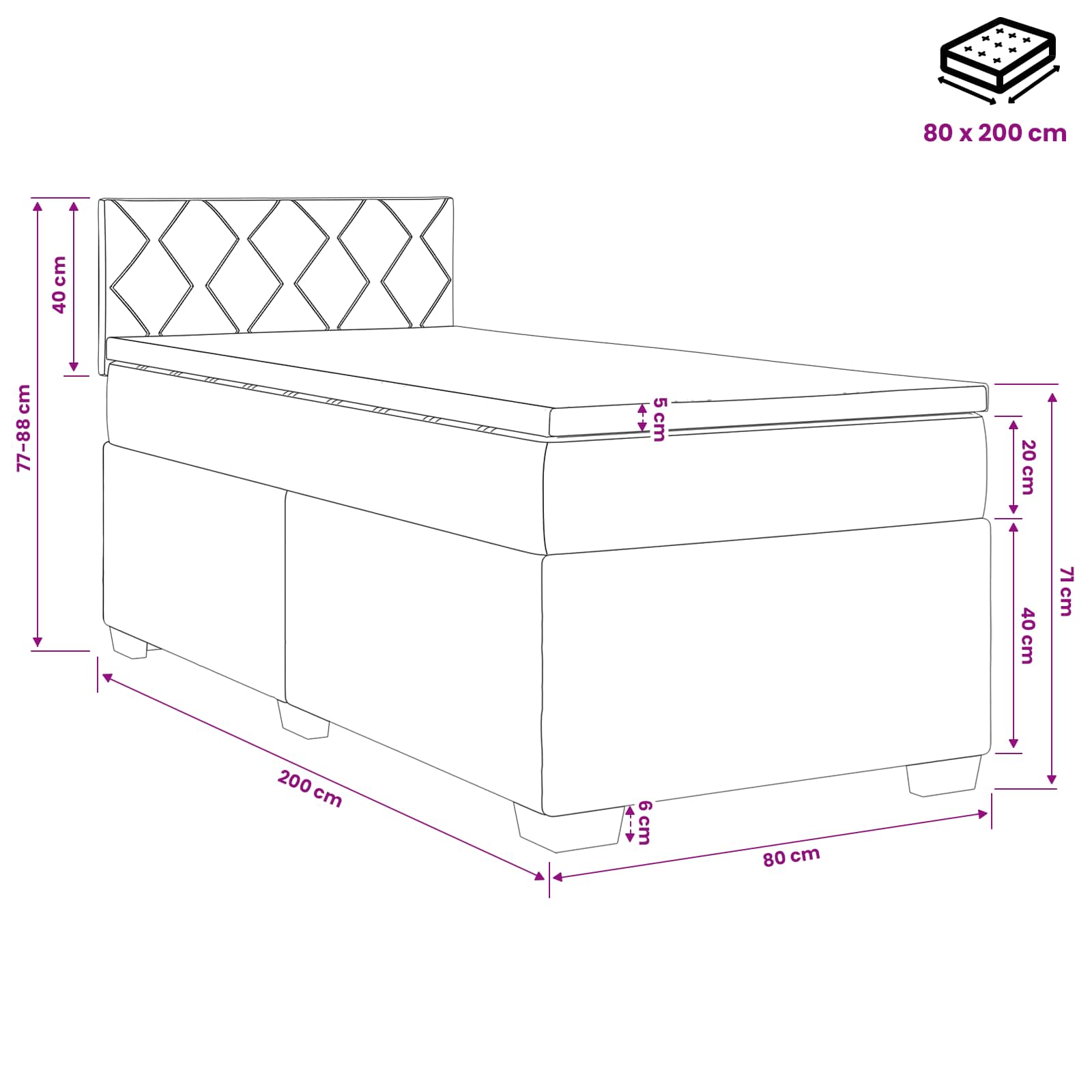vidaXL Łóżko kontynentalne z materacem Ciemnoniebieski 80 x 200 cm