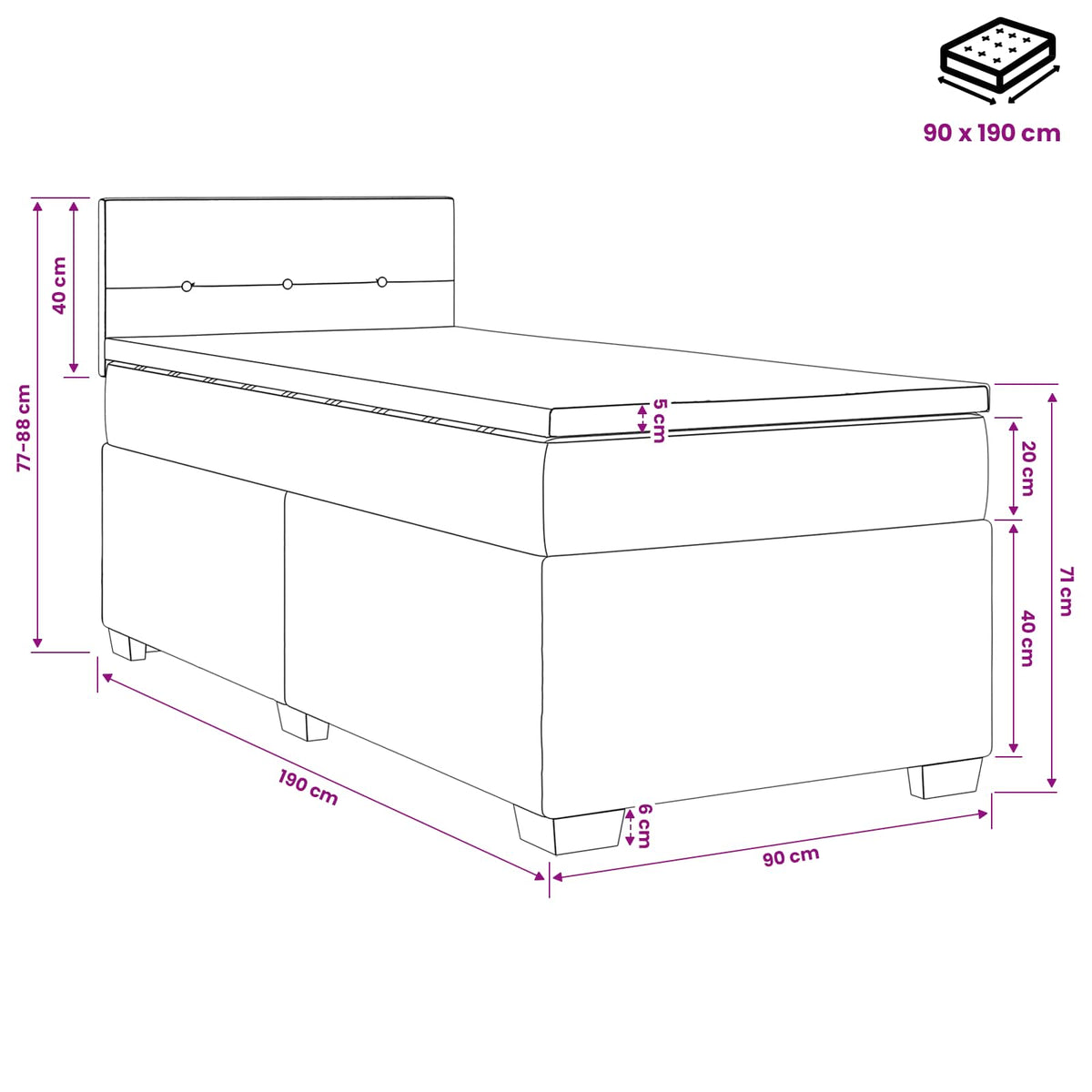 vidaXL Łóżko kontynentalne z materacem Ciemnoniebieski 90 x 190 cm