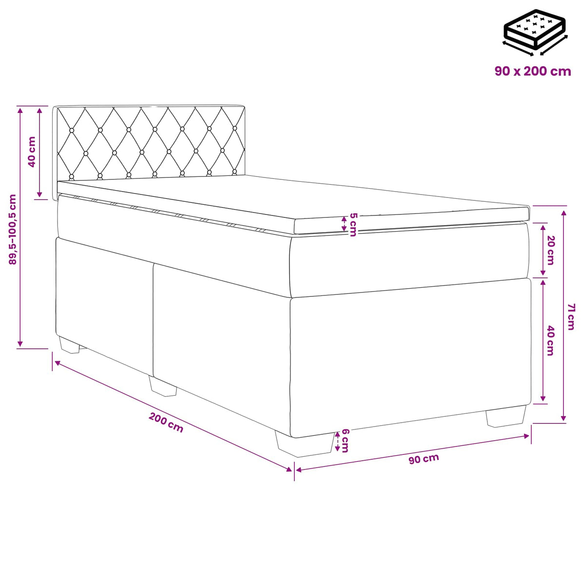 vidaXL Łóżko kontynentalne z materacem różowy 90 x 200 cm Welur