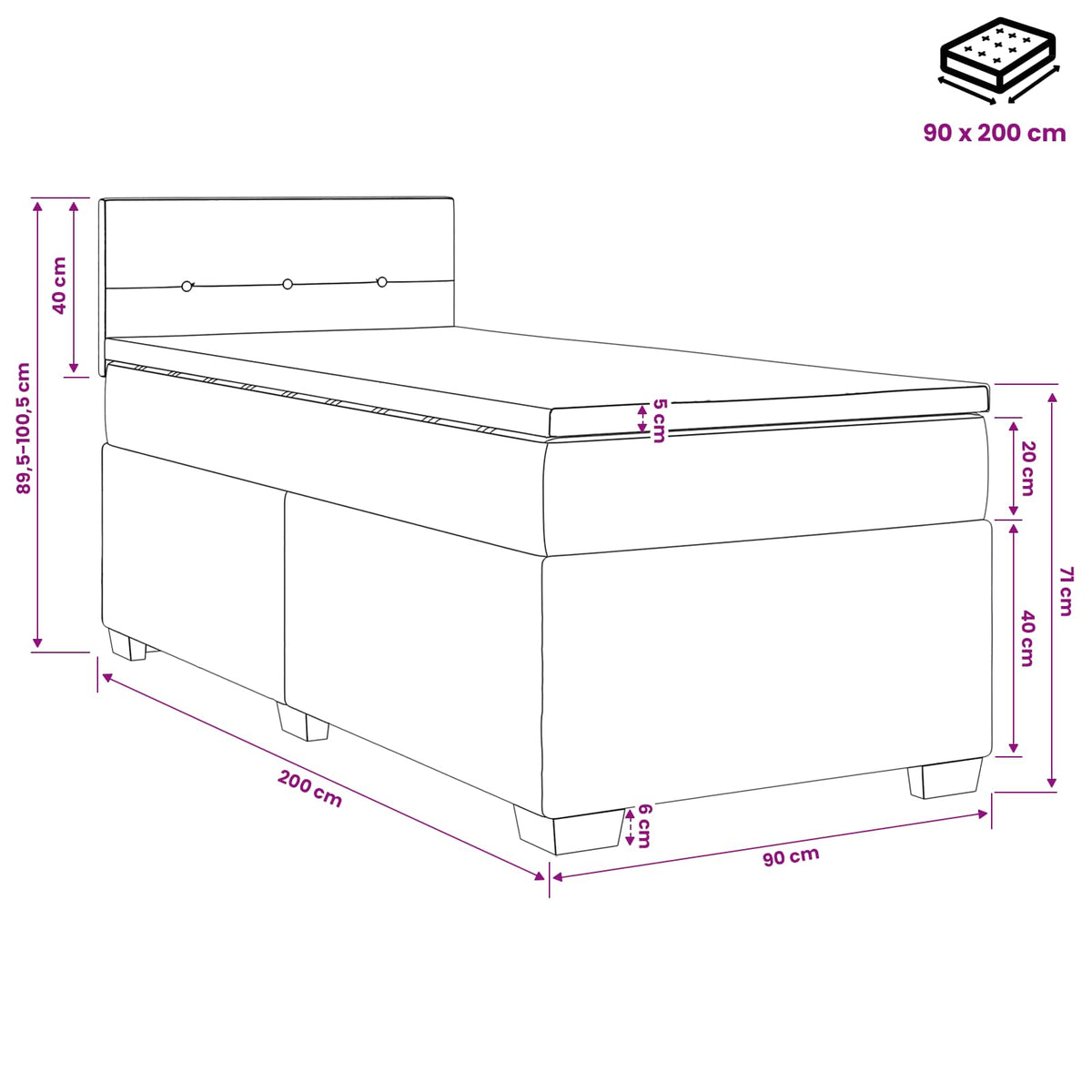 vidaXL Łóżko kontynentalne z materacem różowy 90 x 200 cm Welur