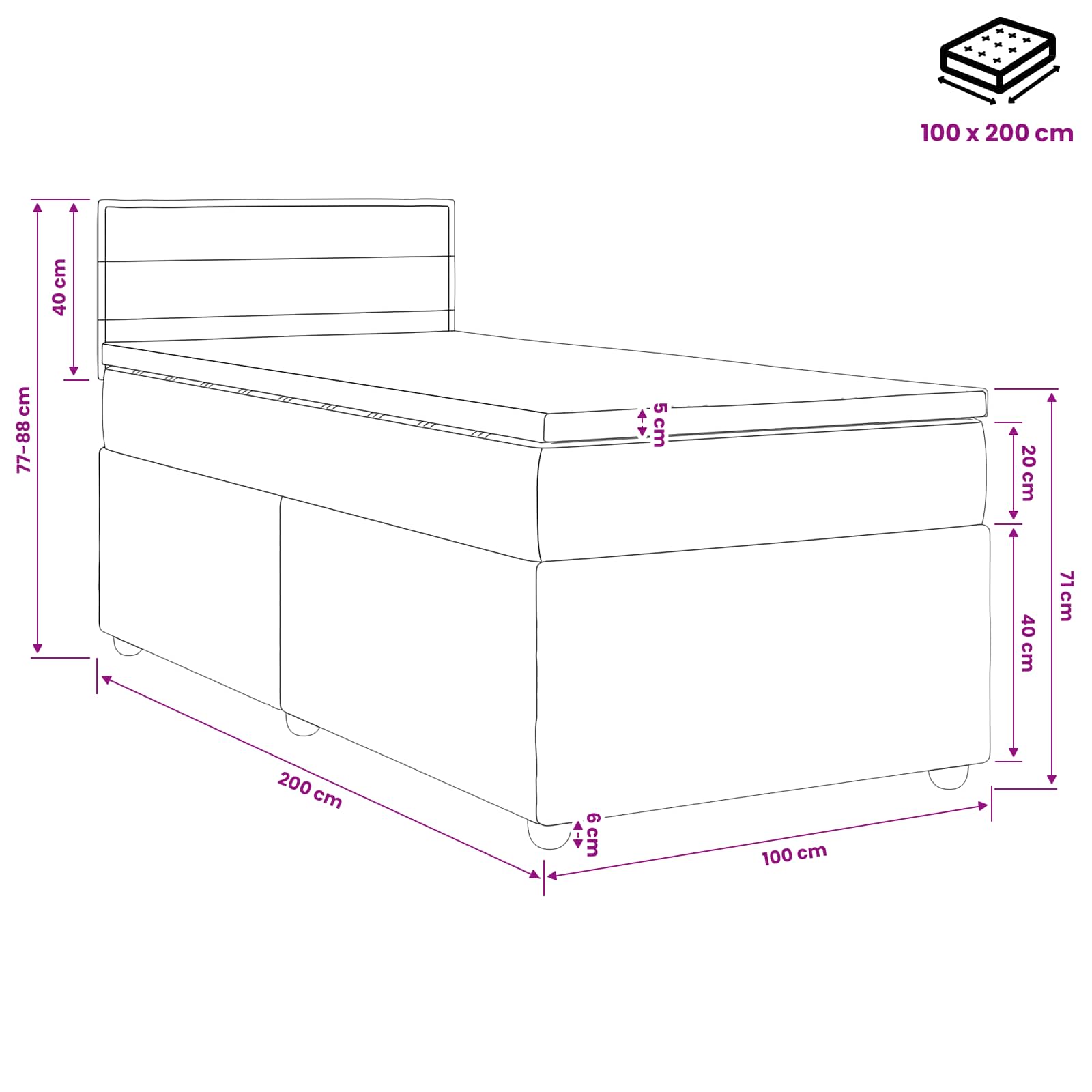 vidaXL Łóżko kontynentalne z materacem Czarny 100 x 200 cm tkanina