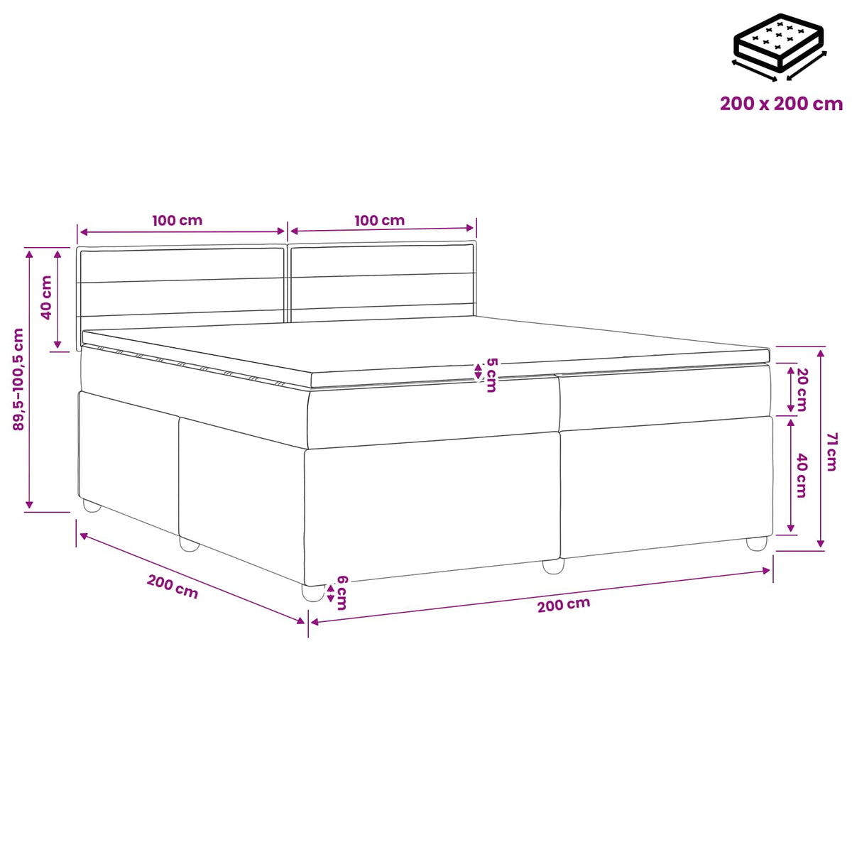 vidaXL Łóżko kontynentalne z materacem kremowy 200 x 200 cm tkanina