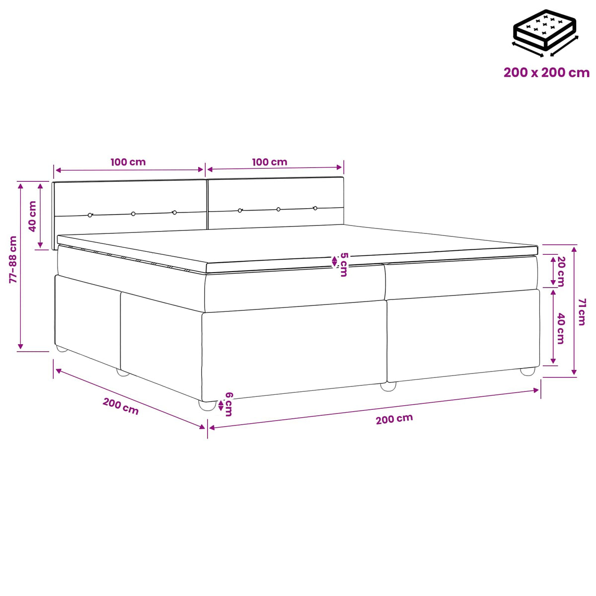 vidaXL Łóżko kontynentalne z materacem Czarny 200 x 200 cm tkanina